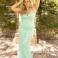 Mint Primavera Couture 14001 Curvy Prom, Pageant and Formal Dress.  This is an all sequins plus gown with a v neckline with rows of horizontal beading at the waistline to define the waist and show your curves.