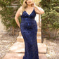 Primavera Couture 14001 Midnight Blue Curvy Prom, Pageant and Formal Dress.  This is an all sequins plus gown with a v neckline with rows of horizontal beading at the waistline to define the waist and show your curves.