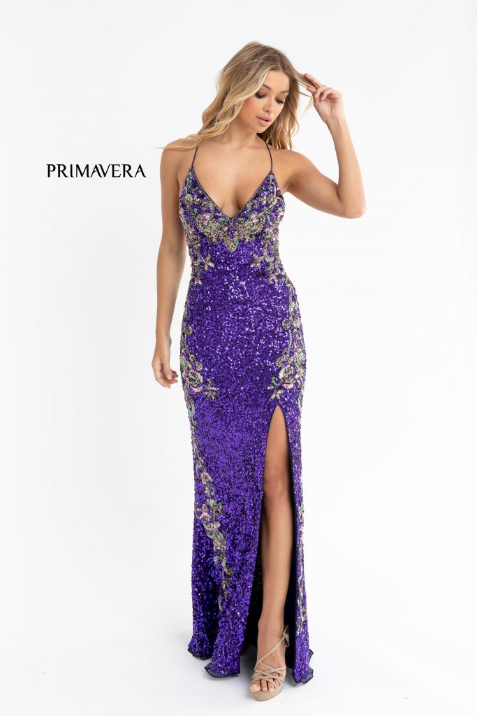 Primavera-Couture-3211-Purple-prom-dress-front-3-v-neckline-floral-sequins-lace-up-tie-back-slit