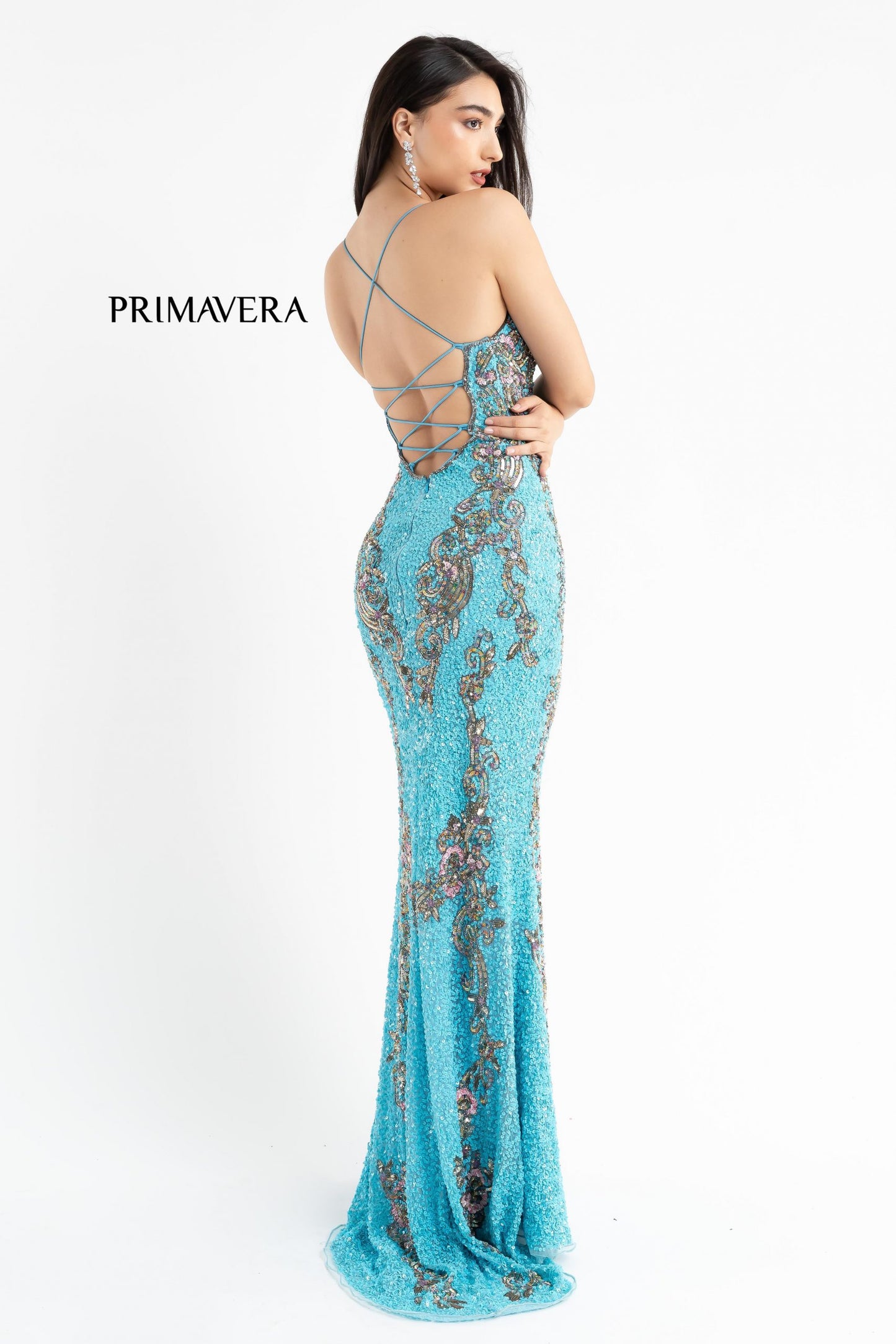 Primavera-Couture-3211-Turquoise-prom-dress-back-v-neckline-floral-sequins-lace-up-tie-back-slit