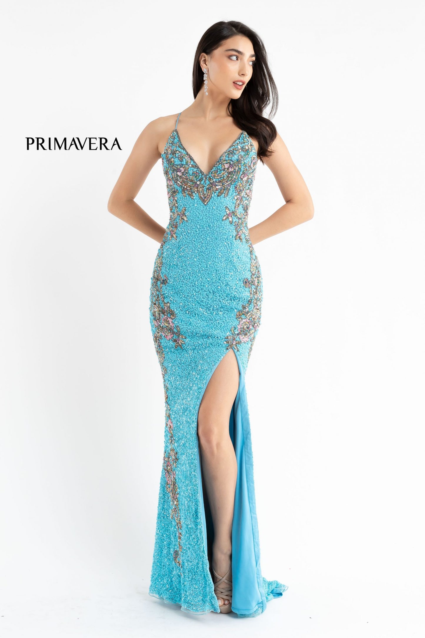 Primavera-Couture-3211-Turquoise-prom-dress-front-2-v-neckline-floral-sequins-lace-up-tie-back-slit