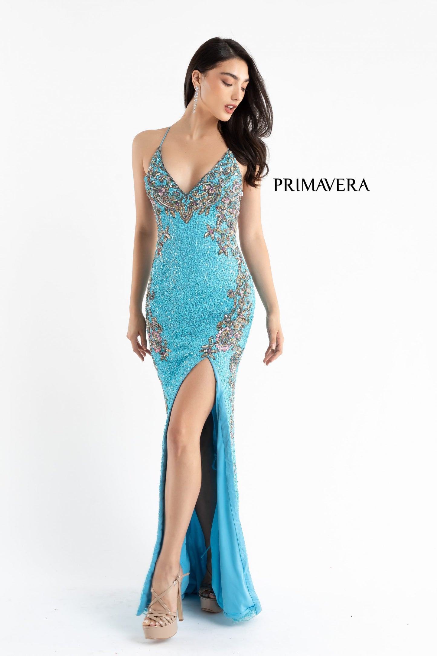 Primavera-Couture-3211-Turquoise-prom-dress-front-v-neckline-floral-sequins-lace-up-tie-back-slit
