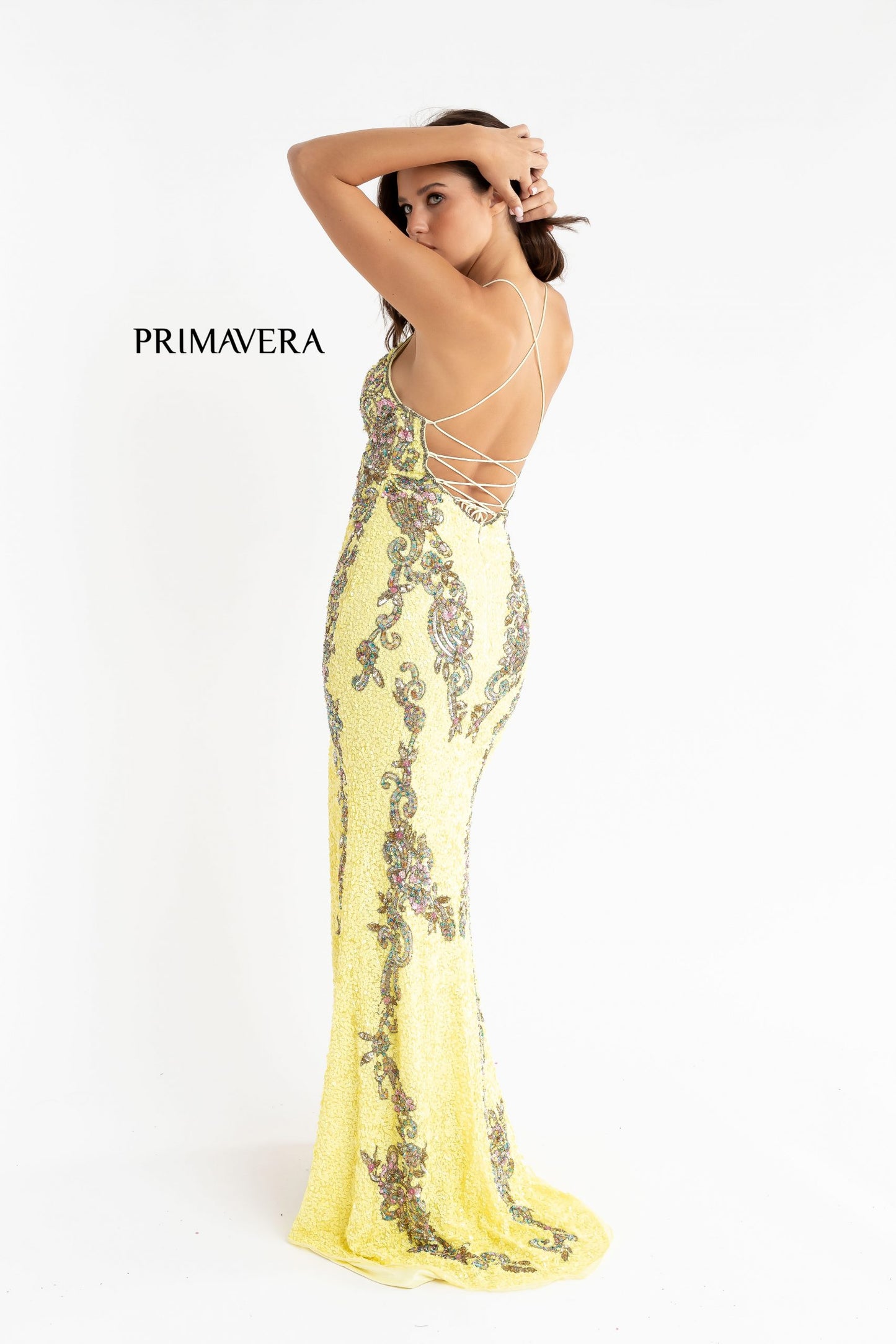    Primavera-Couture-3211-Yellow-prom-dress-back-v-neckline-floral-sequins-lace-up-tie-back-slit.
