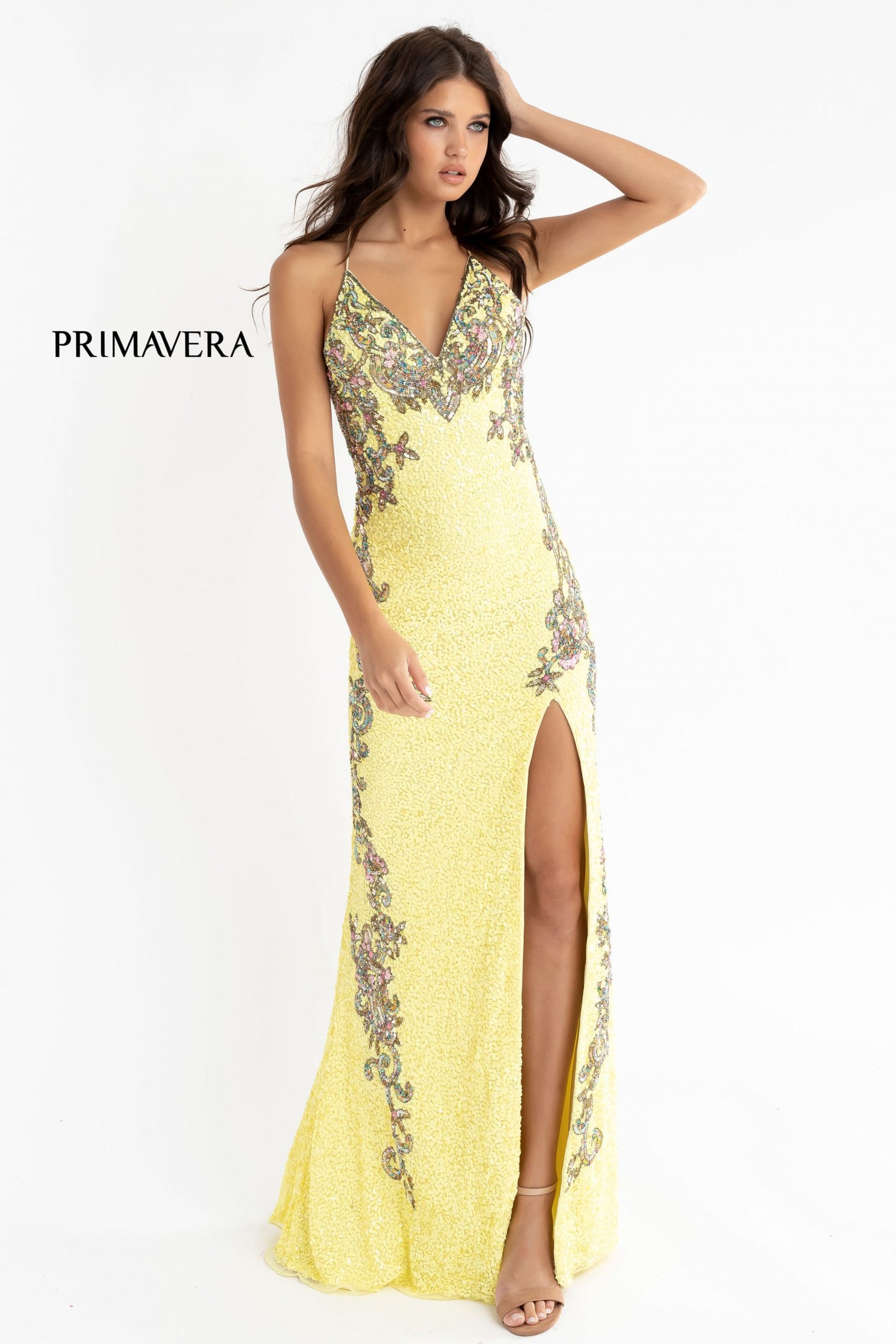 Primavera-Couture-3211-Yellow-prom-dress-front-v-neckline-floral-sequins-lace-up-tie-back-slit.