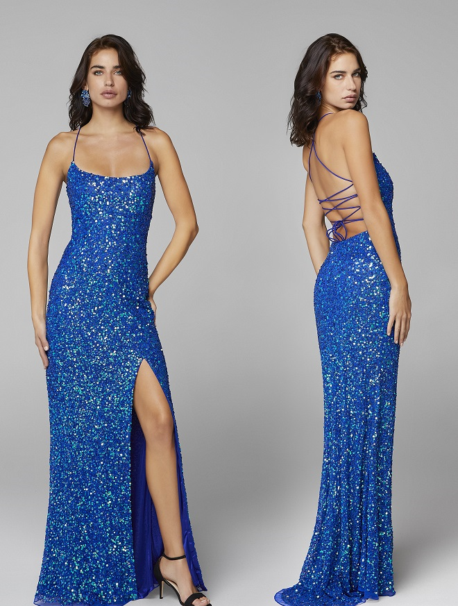 Primavera-Couture-3290-Blue-Prom-Dress-front-back-sequins-scoop-neckline-lace-up-tie-back-slit