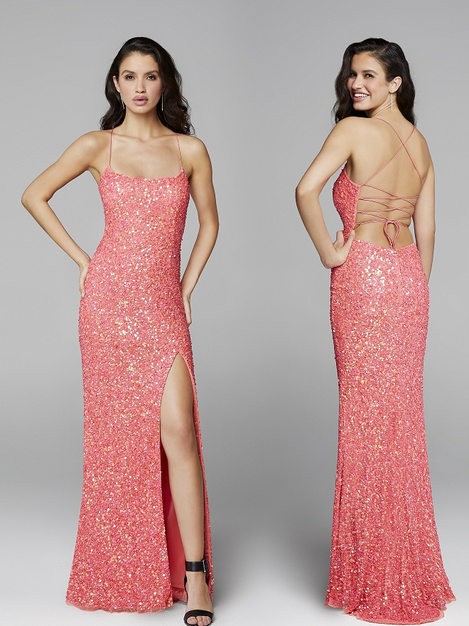 Primavera-Couture-3290-Coral-Prom-Dress-front-back-sequins-scoop-neckline-lace-up-tie-back-slit