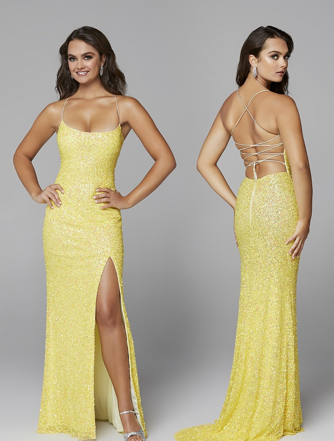 Primavera-Couture-3290-Yellow-Prom-Dress-front-back-sequins-scoop-neckline-lace-up-tie-back-slit
