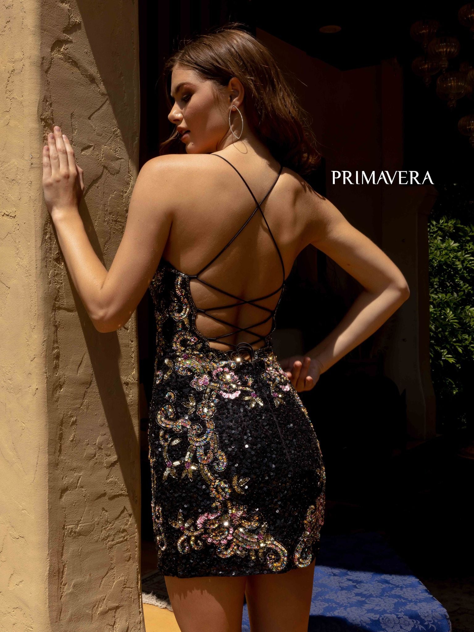 Primavera Couture 3301 Stunning V Neck Fitted Fully sequin embellished short cocktail homecoming gown. corset lace up open back with spaghetti straps. great homecoming gown. Hand beading along sides to accentuate curves.  Black, Ivory, Midnight, Mint, Neon Pink, Neon Lilac, Purple, Sage Green