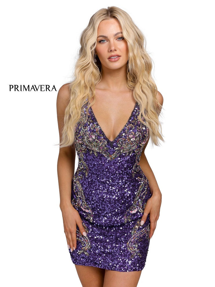 Primavera-Couture-3301-Purple-Cocktail-Dress-front-v-neckline-sequins-floral-details-tie-back-short-homecoming-dress
