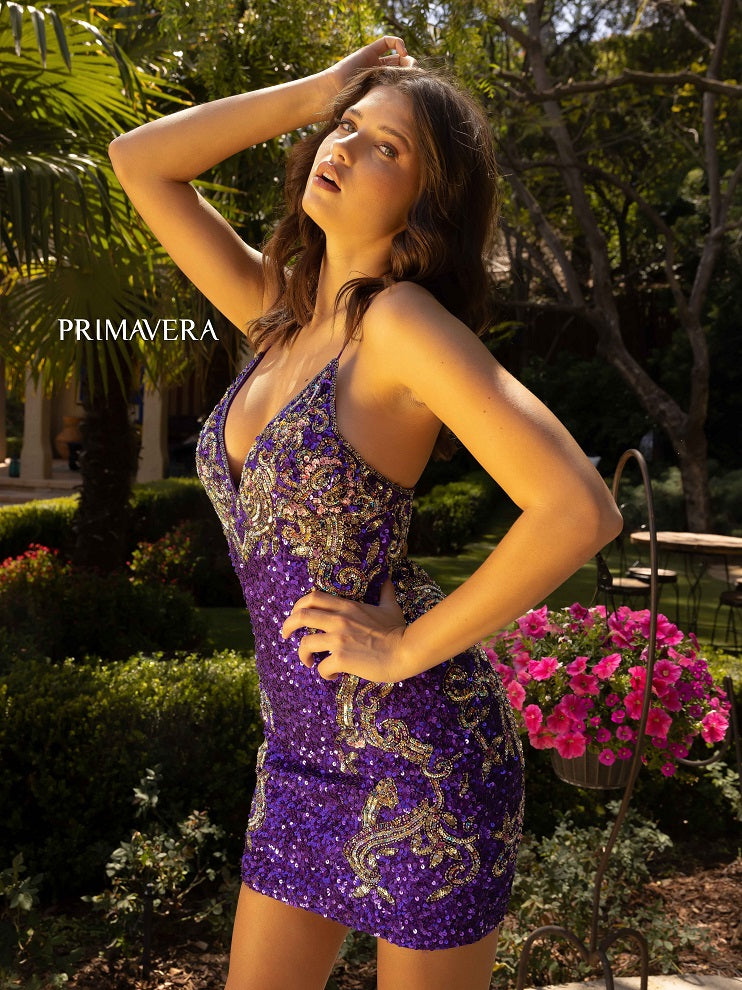 Primavera-Couture-3301-Purple-Cocktail-Dress-front-v-neckline-sequins-floral-details-tie-back-short-homecoming-dress