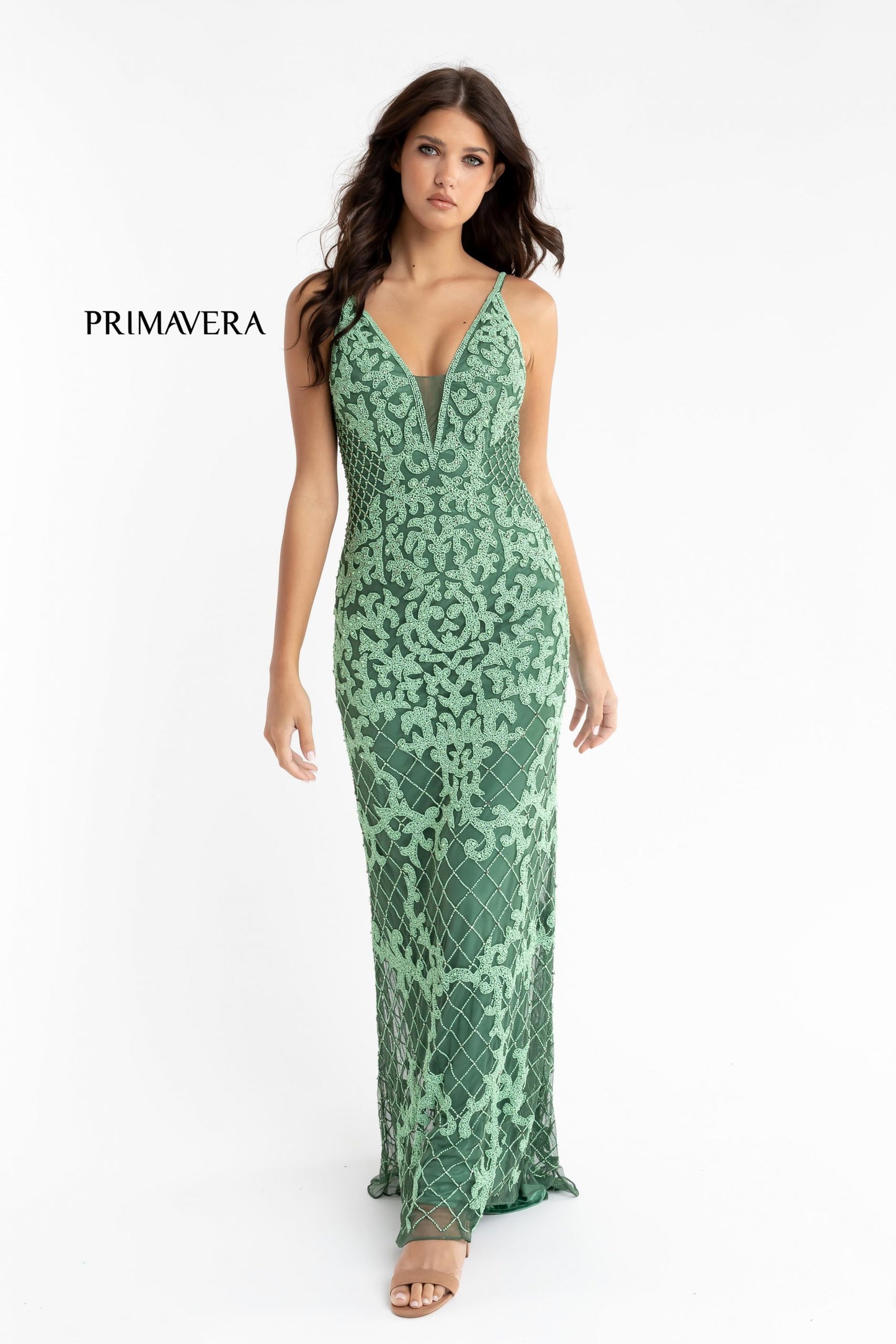 Primavera Couture 3433 is a long fully hand beaded Prom Dress, Pageant Gown, Wedding Dress & Formal Evening Wear gown. The Prom Dress has a plunging neckline with mesh panel and a long fully beaded, embellished straight skirt. It is perfect for a pageant gown or evening dress. 