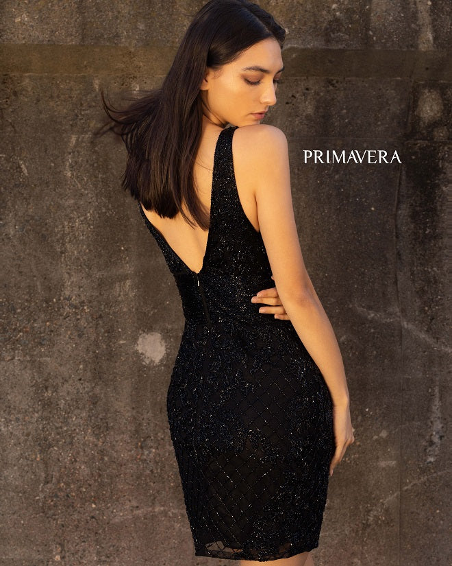 Primavera-Couture-3514-Black-Cocktail-Dress-Back-beaded-fitted-wide-waistband