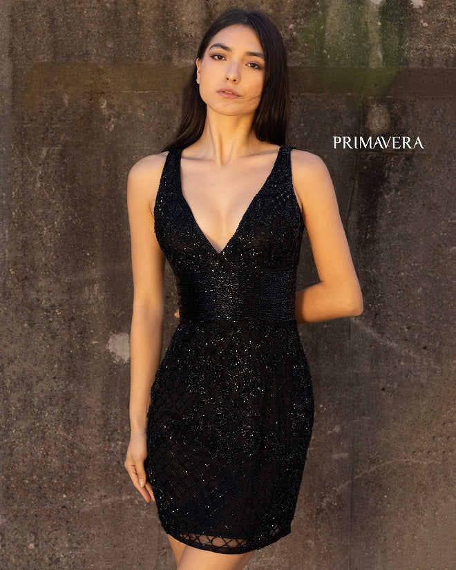 Primavera-Couture-3514-Black-Cocktail-Dress-Front-beaded-fitted-wide-waistband