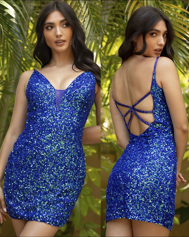 Primavera-Couture-3572-Blue-Cocktail-Dress-Front-Back-View-Plunging-V-Neckline-Sheer-Panel-Fitted-Sequins