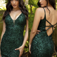 Primavera-Couture-3572-Forest-Green-Cocktail-Dress-Plunging-V-Neckline-Sheer-Panel-Fitted-Sequins
