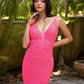 Primavera-Couture-3572-Hot-Pink-Cocktail-Dress-back-v-neckline-sheer-sequins-short-homecoming-dress