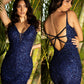 Primavera-Couture-3572-Midnight-Blue-Cocktail-Dress-Front-Back-View-Plunging-V-Neckline-Sheer-Panel-Fitted-Sequins