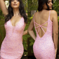 Primavera-Couture-3572-Pink-Cocktail-Dress-Front-Back-View-Plunging-V-Neckline-Sheer-Panel-Fitted-Sequins