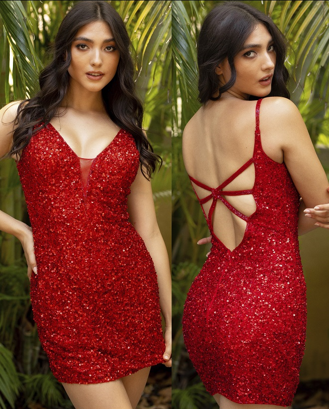 Primavera-Couture-3572-Red-Cocktail-Dress-Front-Back-View-Plunging-V-Neckline-Sheer-Panel-Fitted-Sequins