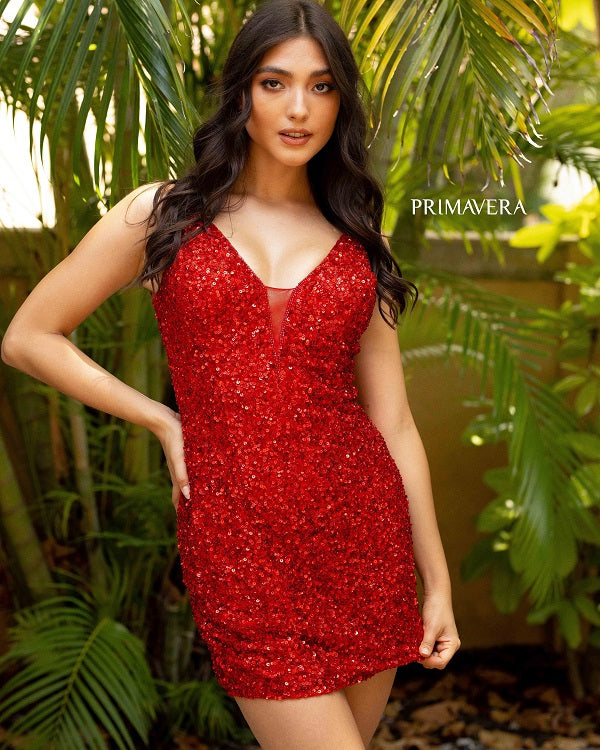 Primavera-Couture-3572-Red-Cocktail-Dress-front-2-v-neckline-sheer-sequins-short-homecoming-dress