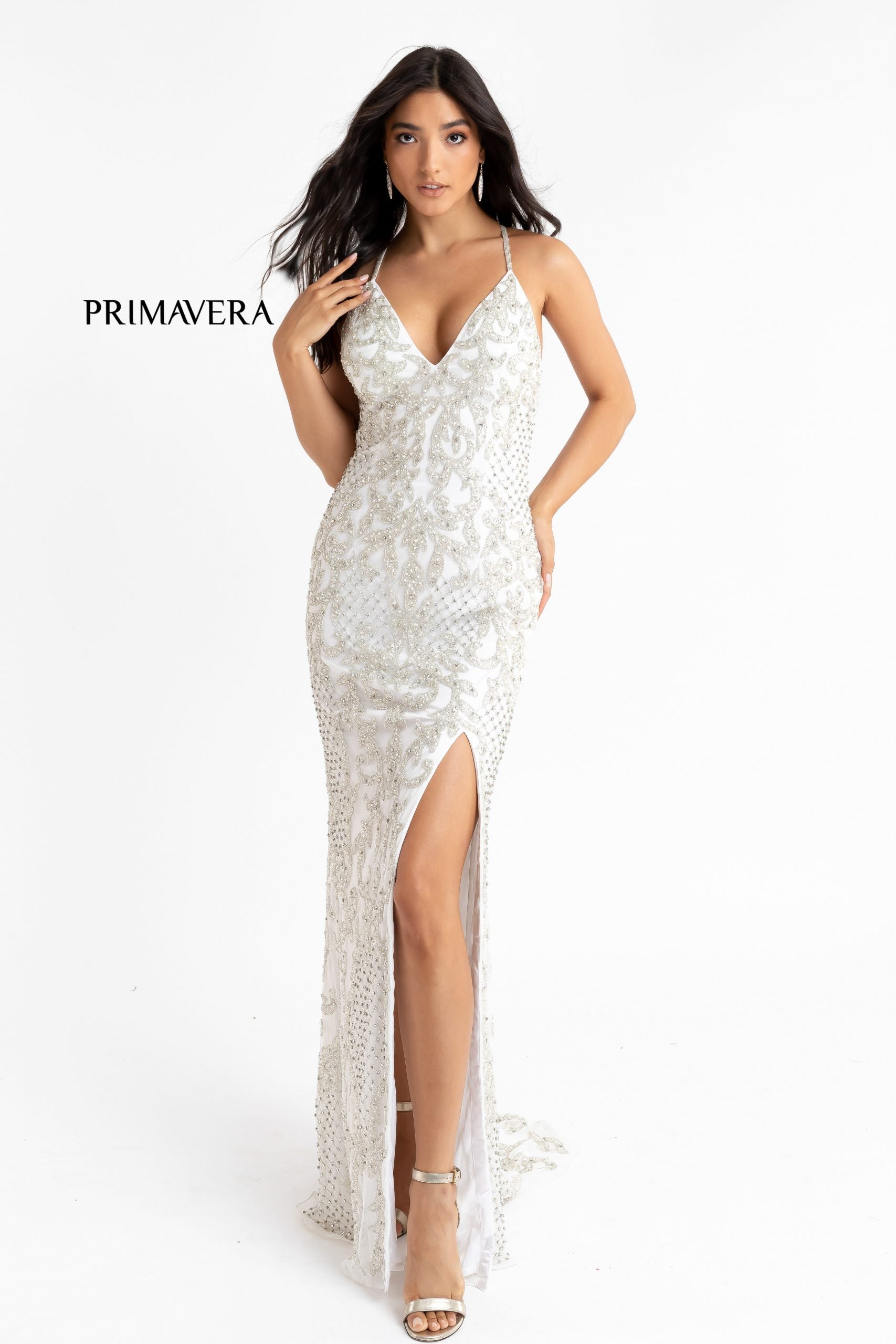 Primavera-Couture-3721-IVORY-prom-dress-front-long-beaded-v-neckline-slit-crisscross-back