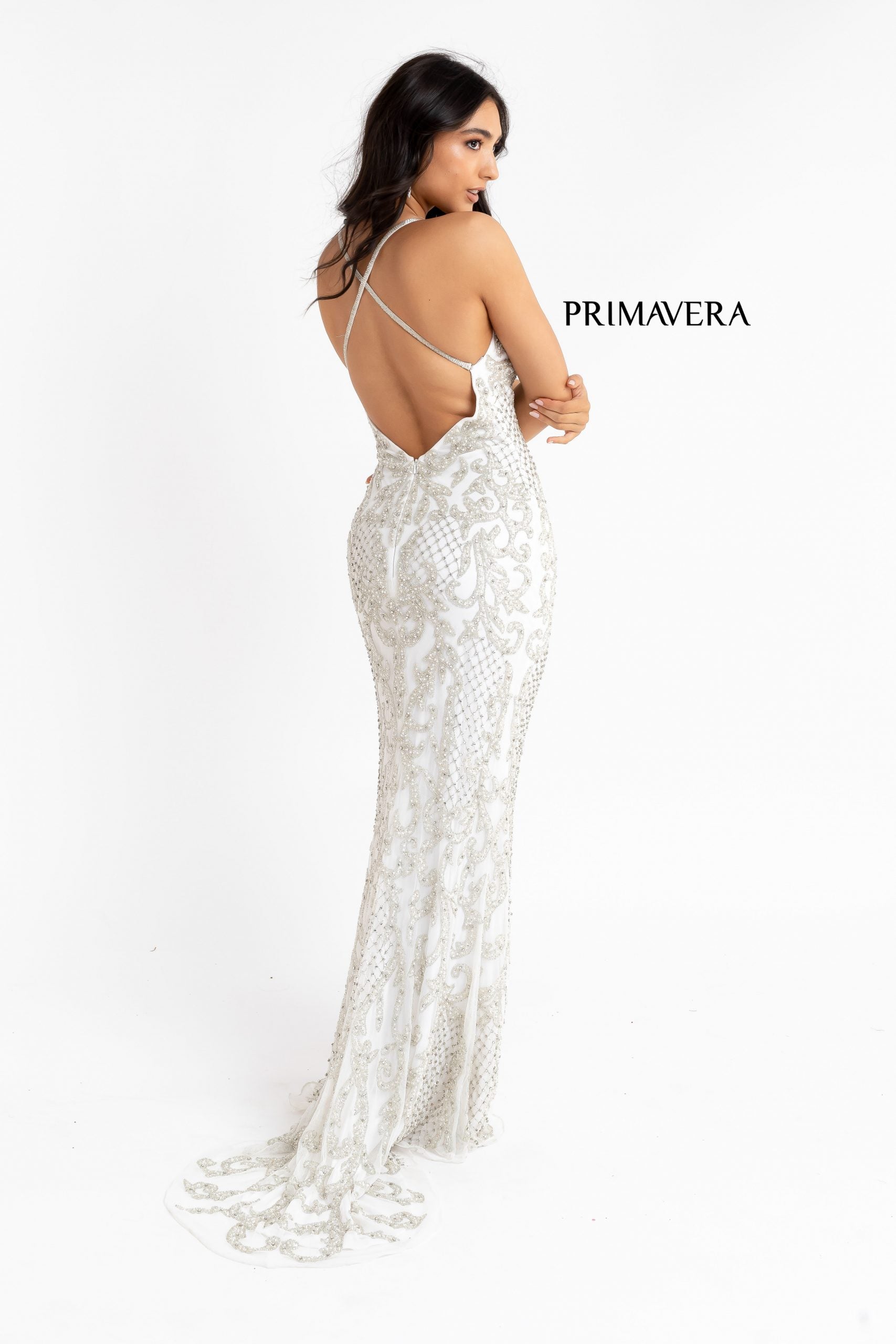 Primavera-Couture-3721-ivory-prom-dress-long-beaded-v-neckline-slit-crisscross-back