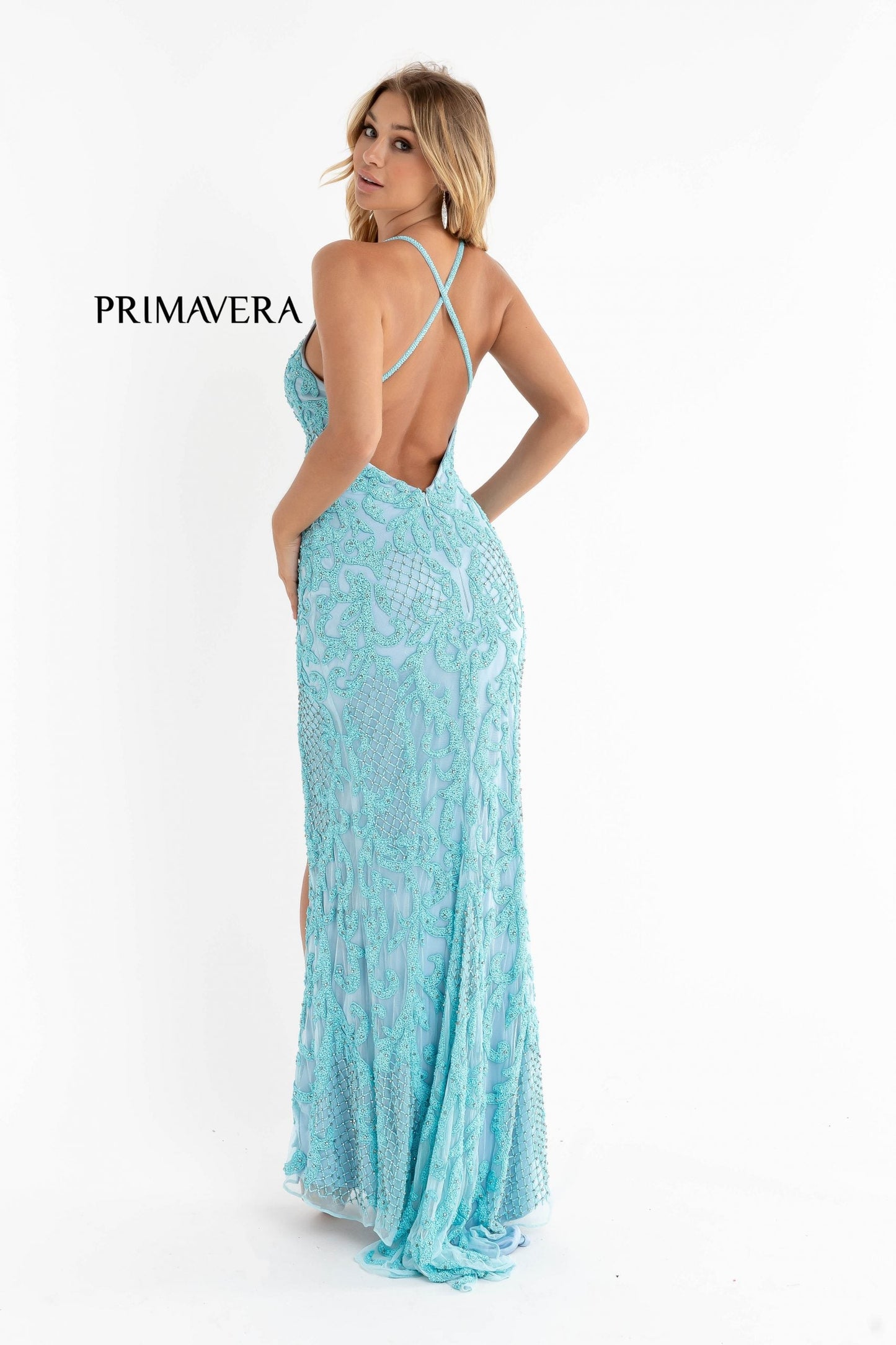 Primavera-Couture-3721-light-turquoise-prom-dress-back-long-beaded-v-neckline-slit-crisscross-back