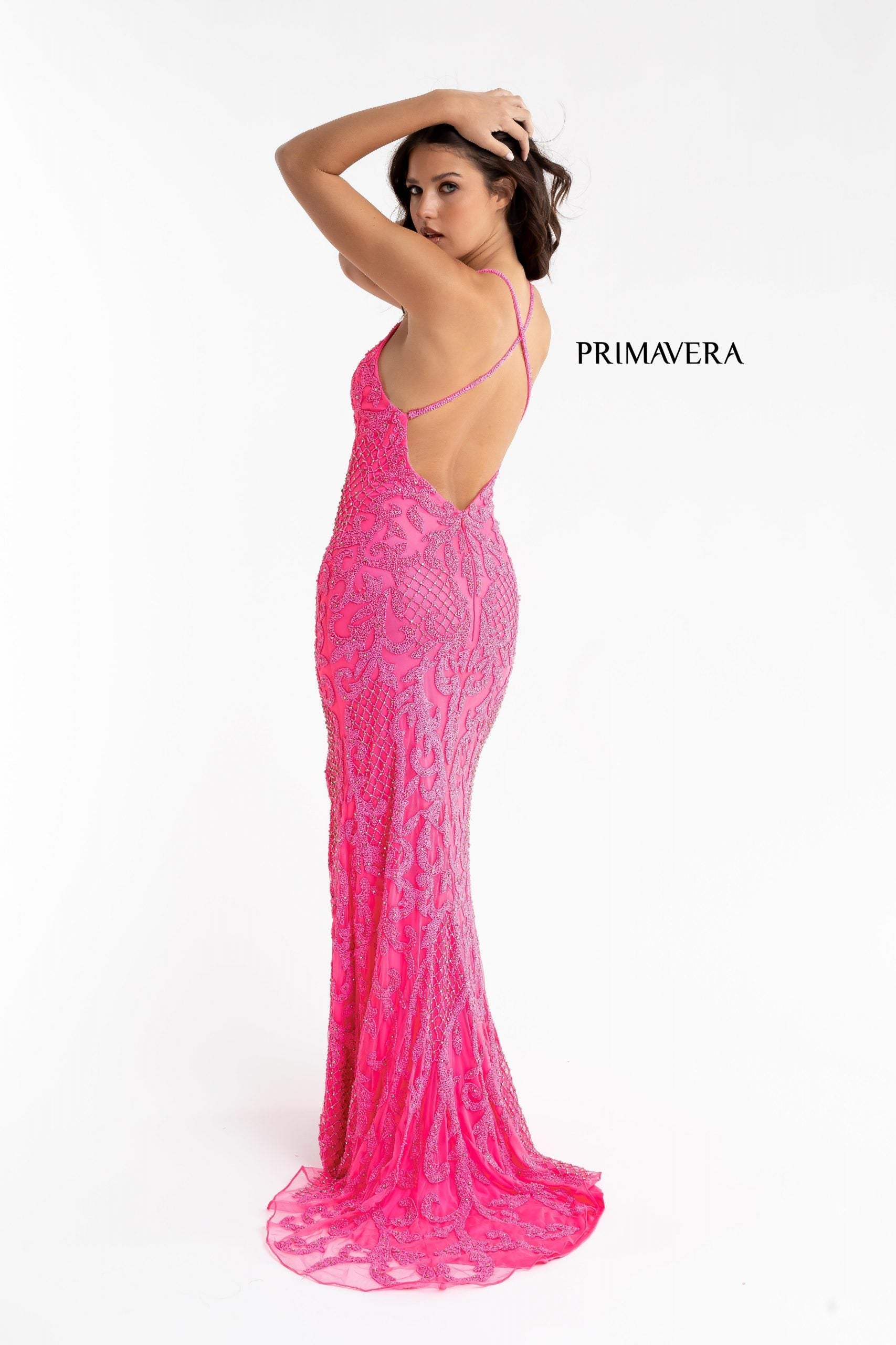 Primavera-Couture-3721-neon-pink-prom-dress-back-long-beaded-v-neckline-slit-crisscross-back