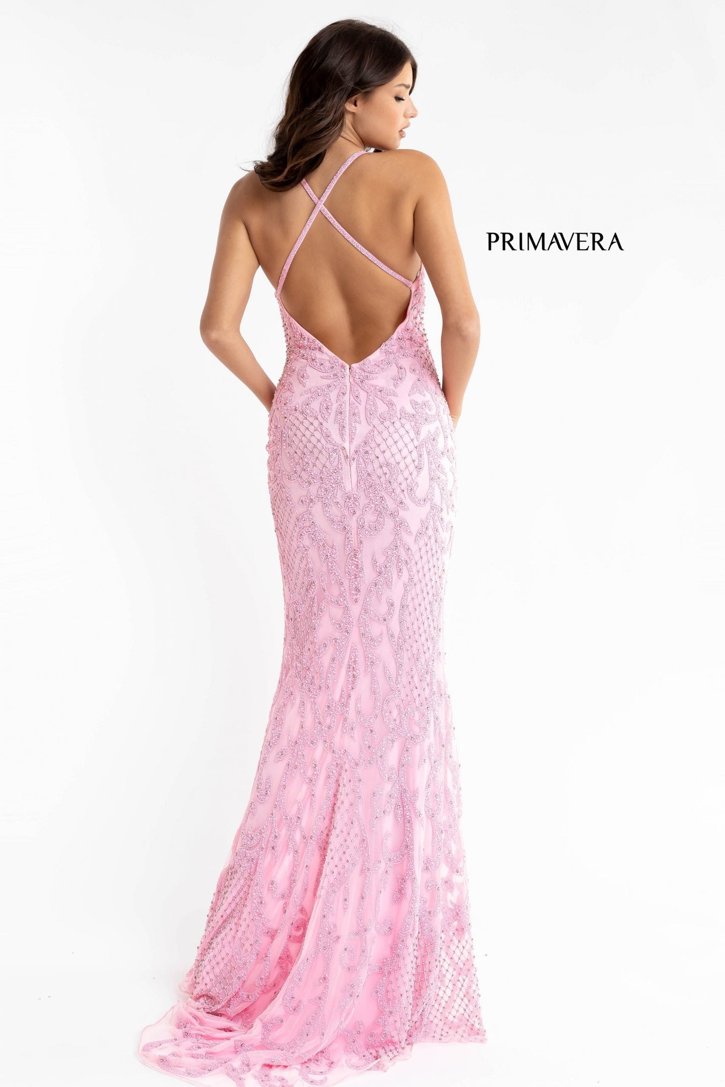 Primavera-Couture-3721-pink-prom-dress-back-long-beaded-v-neckline-slit-crisscross-back