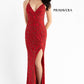 Primavera-Couture-3721-red-prom-dress-front-long-beaded-v-neckline-slit-crisscross-back