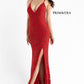 Primavera-Couture-3721-red-prom-dress-side-long-beaded-v-neckline-slit-crisscross-back
