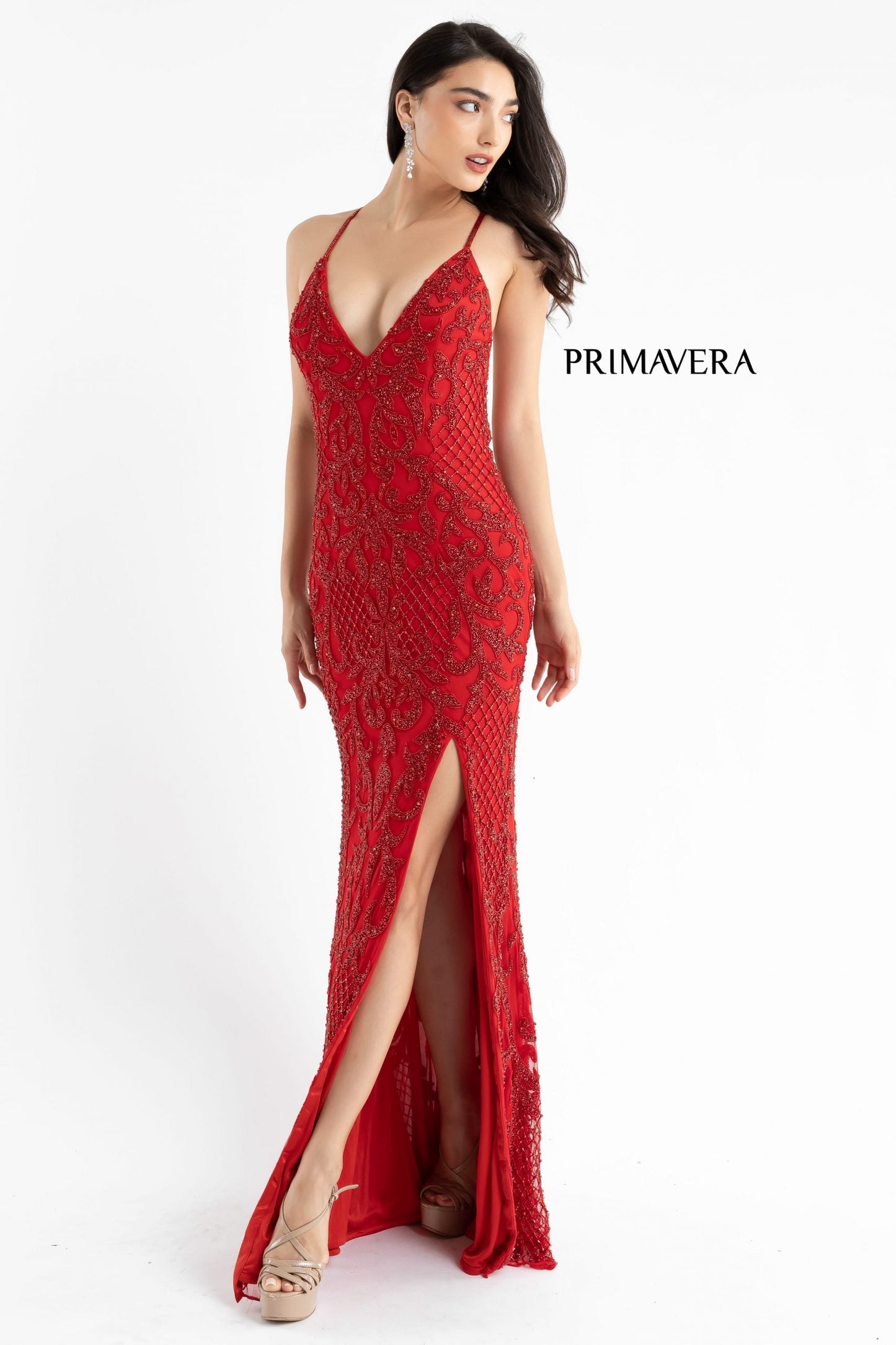 Primavera-Couture-3721-red-prom-dress-side-long-beaded-v-neckline-slit-crisscross-back