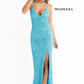 Primavera-Couture-3721-turquoise-prom-dress-1-front-long-beaded-v-neckline-slit-crisscross-back