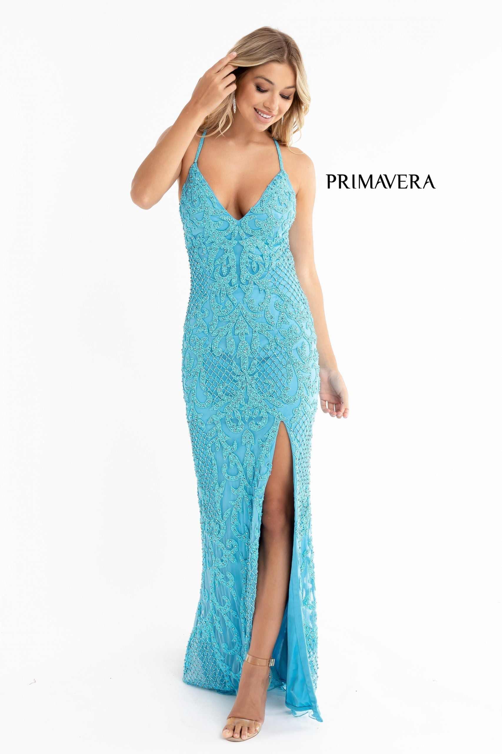 Primavera-Couture-3721-turquoise-prom-dress-1-front-long-beaded-v-neckline-slit-crisscross-back