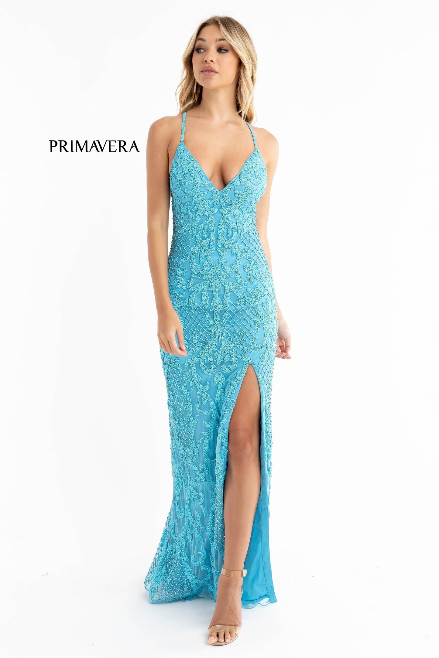 Primavera-Couture-3721-turquoise-prom-dress-2-front-long-beaded-v-neckline-slit-crisscross-back