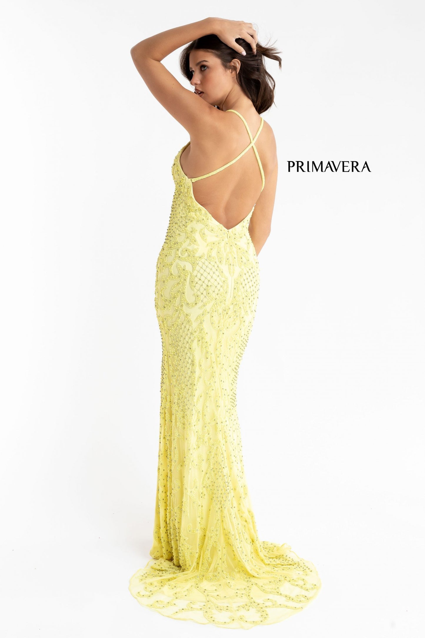 Primavera-Couture-3721-yellow-prom-dress-back-long-beaded-v-neckline-slit-crisscross-back