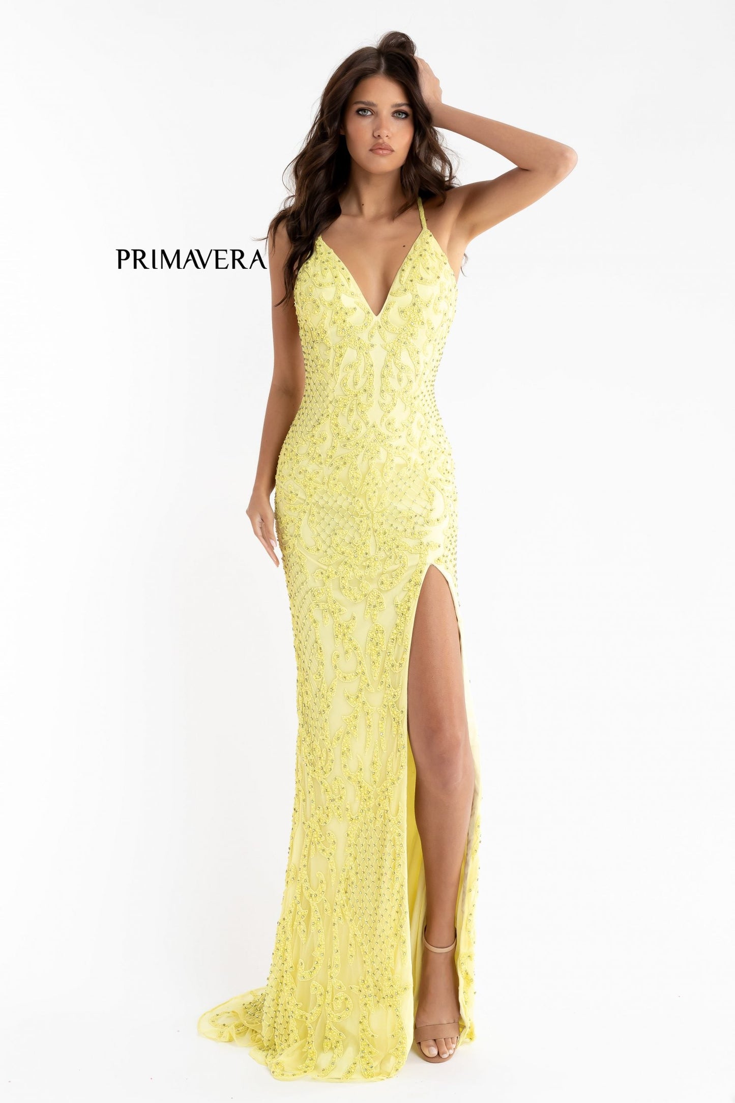 Primavera-Couture-3721-yellow-prom-dress-front-3-long-beaded-v-neckline-slit-crisscross-back