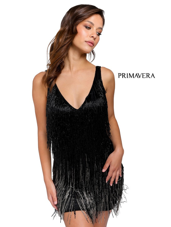 Primavera-Couture-3803-Black-Fringe-Cocktail-Dress-short-v-neckline-front