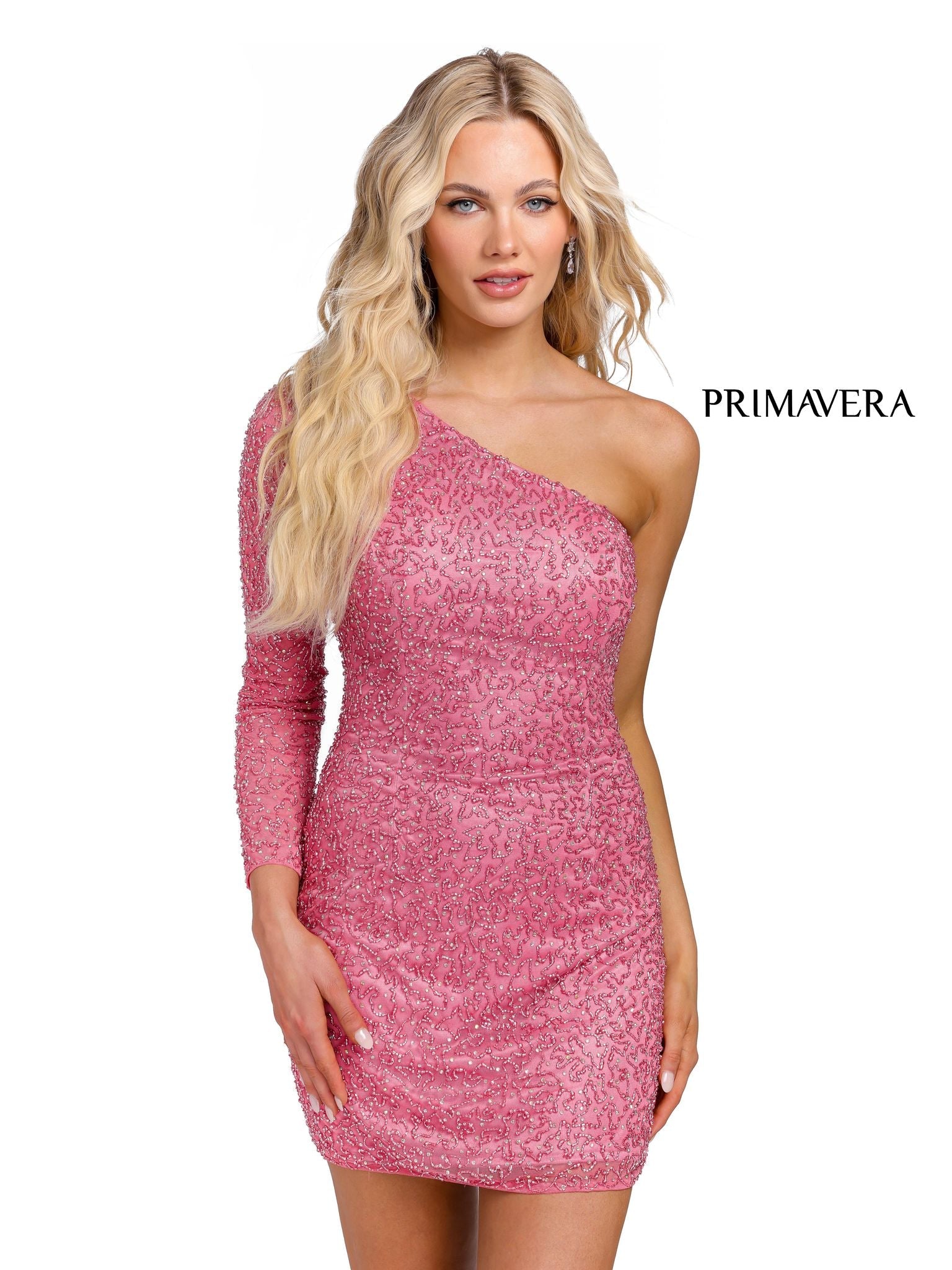 Primavera Couture 3849 Short 2022 Homecoming dress Fitted sequin beaded short cocktail dress with one long sleeve asymmetrical one shoulder style.  It is fitted and sparkles with every turn due to bugle beading.   Available Colors- Lilac, Mint, Rose Pink