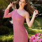 Primavera Couture 3849 Short 2022 Homecoming dress Fitted sequin beaded short cocktail dress with one long sleeve asymmetrical one shoulder style.  It is fitted and sparkles with every turn due to bugle beading.   Available Colors- Lilac, Mint, Rose Pink
