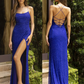 Primavera Couture 3902 Bugle Beads make this dress super sparkle when lights hit it.  This prom, pageant and evening wear dress has a scoop neckline and a ruched waistline with a wrap style slit. Royal Blue