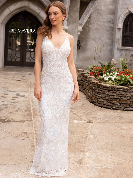 Primavera Couture 3903 Iridescent Ivory Sequined Prom Dress V Neckline wide shoulder straps fitted long evening gown.