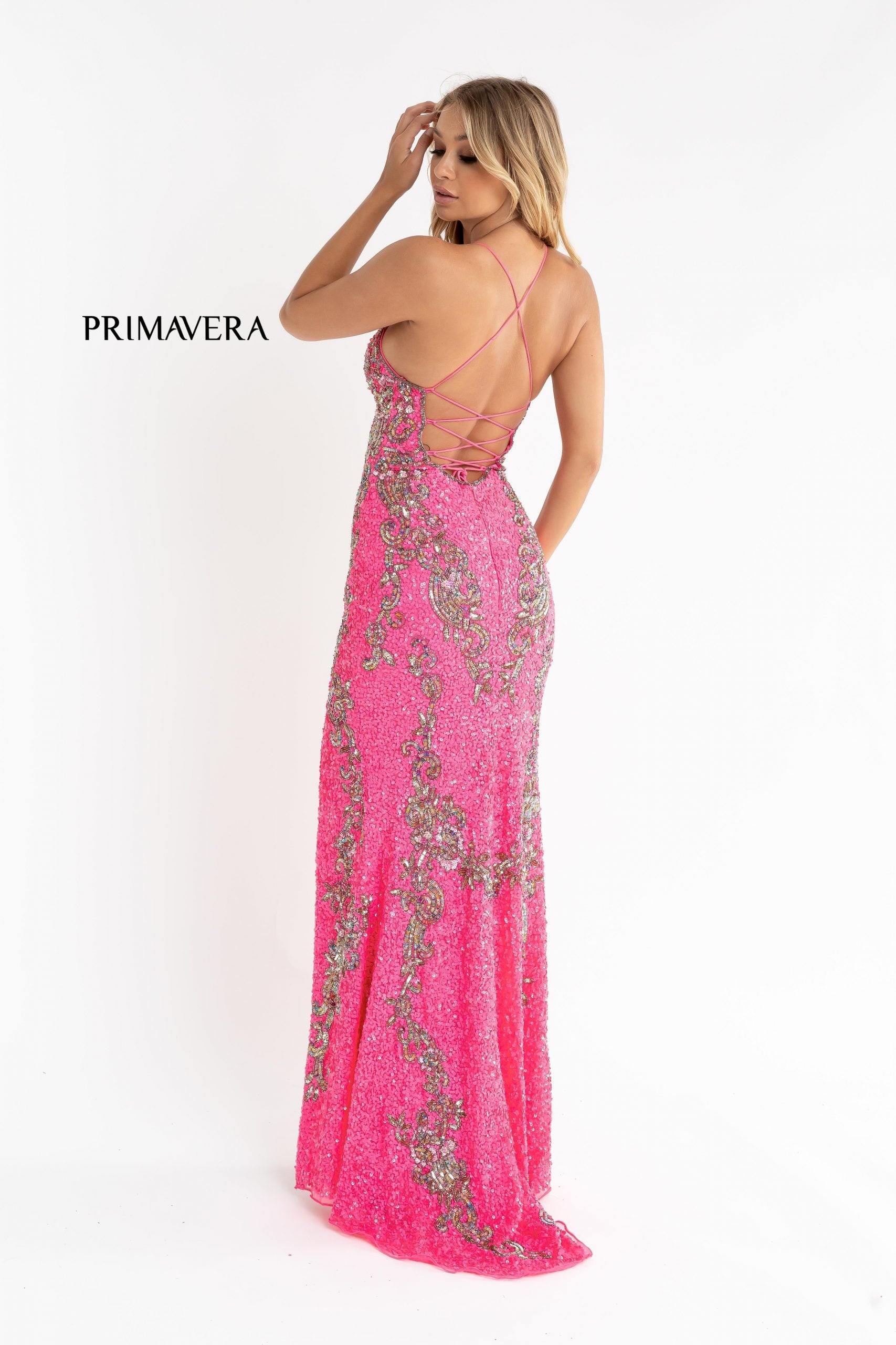 Primavera-couture-3211-NEON-PINK-prom-dress-back-v-neckline-floral-sequins-lace-up-tie-back-slit