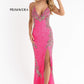 Primavera-couture-3211-NEON-PINK-prom-dress-front-1-v-neckline-floral-sequins-lace-up-tie-back-slit
