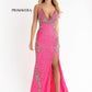 Primavera-couture-3211-NEON-PINK-prom-dress-front-2-v-neckline-floral-sequins-lace-up-tie-back-slit