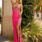 Primavera-couture-3211-NEON-PINK-prom-dress-front-v-neckline-floral-sequins-lace-up-tie-back-slit