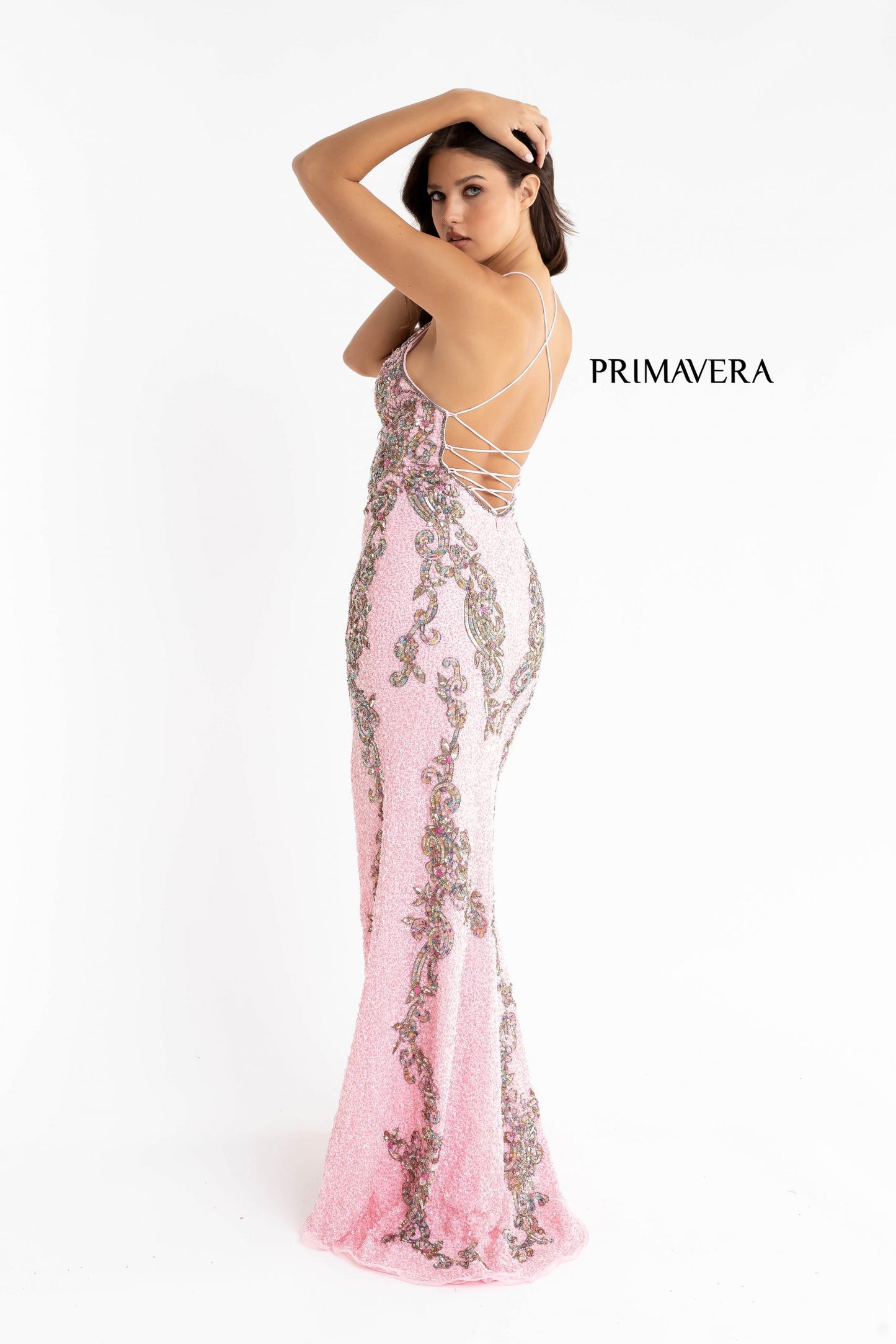 Primavera-couture-3211-PINK-prom-dress-back-v-neckline-floral-sequins-lace-up-tie-back-slit