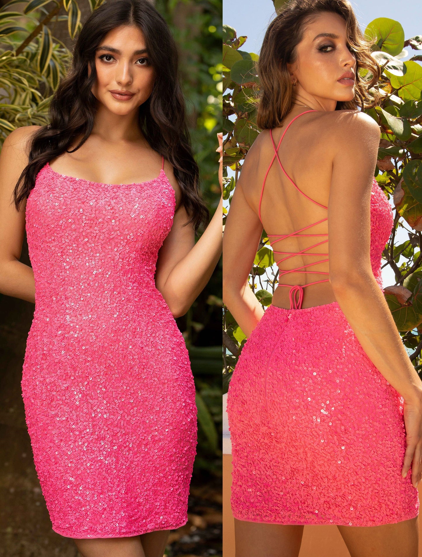 Primavera 3351 is a short fitted sequin embellished cocktail dress. This gown would be perfect for homecoming, dances & Formal events. Scoop neckline with spaghetti straps wrapping around to an open back with a lace up corset tie. This backless dress features multi & Textured sequins for Tons of Dimension!Available Color: Baby Pink, Black, Blue, Bright Blue, Emerald, Fuchsia, Gold, Ivory, Midnight, Neon Coral, Neon Lilac, Neon Pink, Neon Sage, Orange, Purple, Red, Rose, Turquoise, Yellow