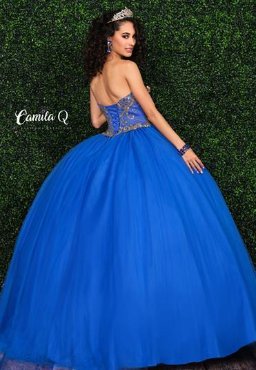 Camila Q Quinceanera Dress Q17005 sweetheart neckline gold thread embroidery full tulle skirt Quince Gown. Sweet Sixteen Dress