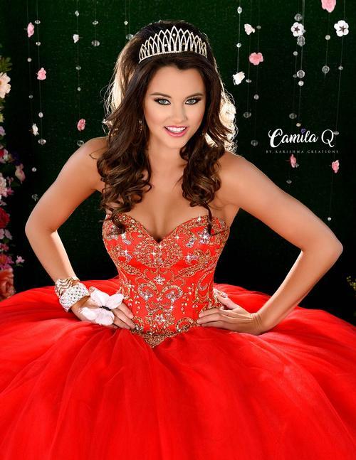 Step into the spotlight with the stunning Camila Q Q17004 Red Quinceanera Dress. This size 14 ball gown features a strapless design and a gorgeous red color that will make you stand out. Whether it's for a formal event or a special occasion, this dress is sure to make a statement. Elevate your look and feel confident in this elegant gown.  Camila Q quinceanera Long Tulle Ballgown Formal Dress Party Strapless    Available Sizes: 14  Available Colors: Red/Gold